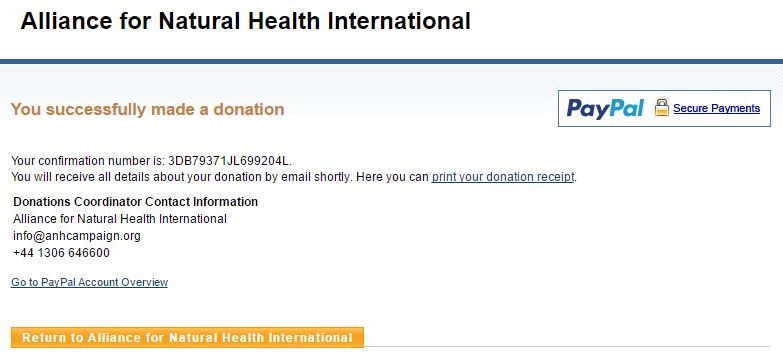 Donation to Alliance for Natural Health International
