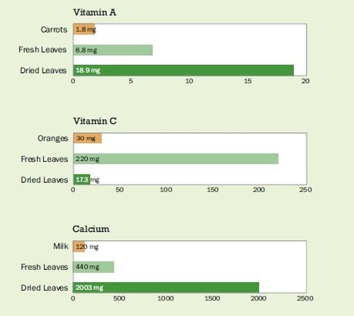 Moringa Leaf Vitamin A, Vitamin C and Calcium Content per 100 gram