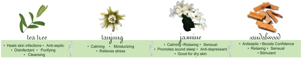 Tea Tree, Tanjung, Jasmine and Sandalwood Essential Oils