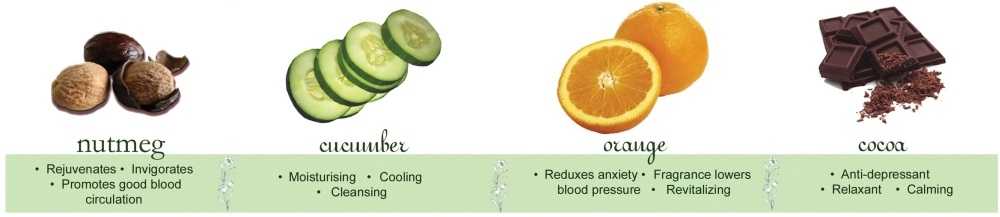 Nutmeg, Cucumber, Orange and Cocoa Essential Oils